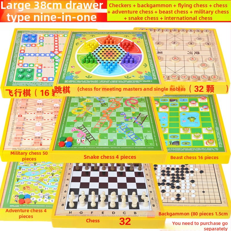 Višenamjenski drveni društveni sklop s osam igara u jednom: Gobang, Flying Chess, Xiangqi, Checkers i Jungle Animal Chess – Wooden Master; pogodno za djecu do 14 godina.