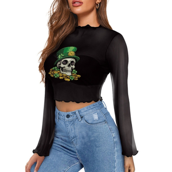 Poliesterski top s otisom lubanje, uskog kroja, dugi rukavi zvonastog kroja