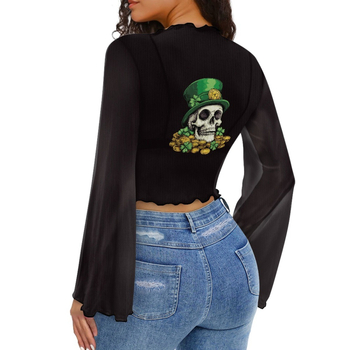 Poliesterski top s otisom lubanje, uskog kroja, dugi rukavi zvonastog kroja
