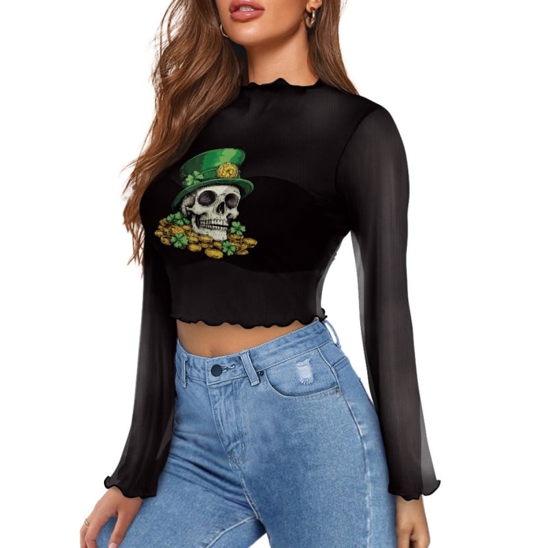Poliesterski top s otisom lubanje, uskog kroja, dugi rukavi zvonastog kroja