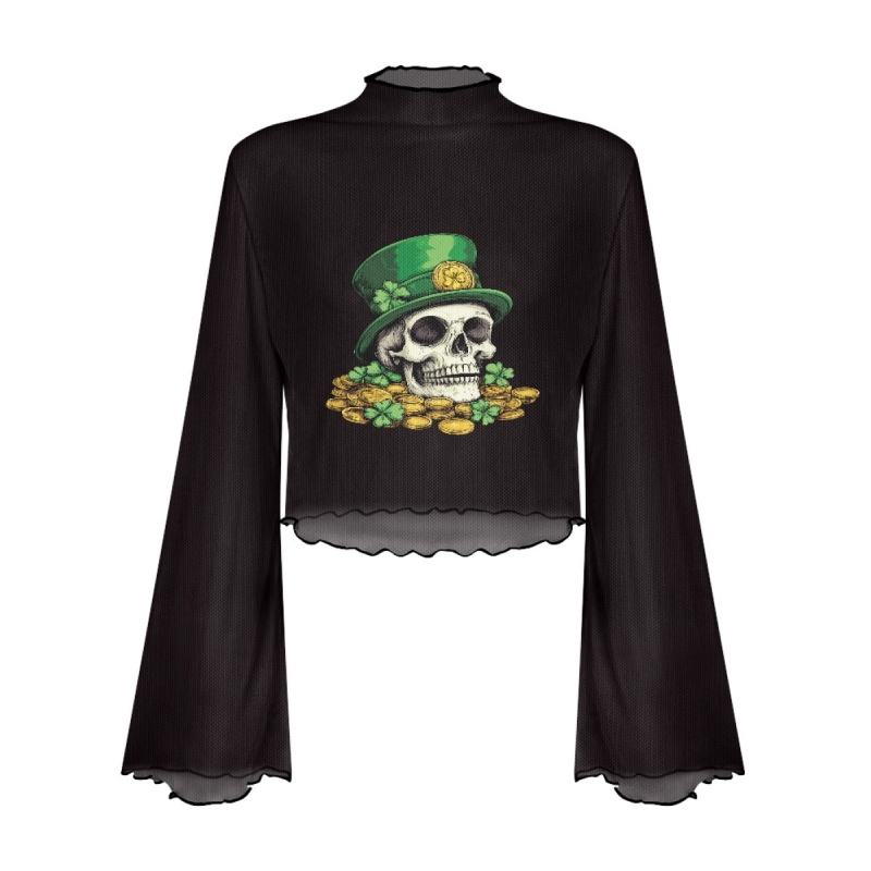 Poliesterski top s otisom lubanje, uskog kroja, dugi rukavi zvonastog kroja