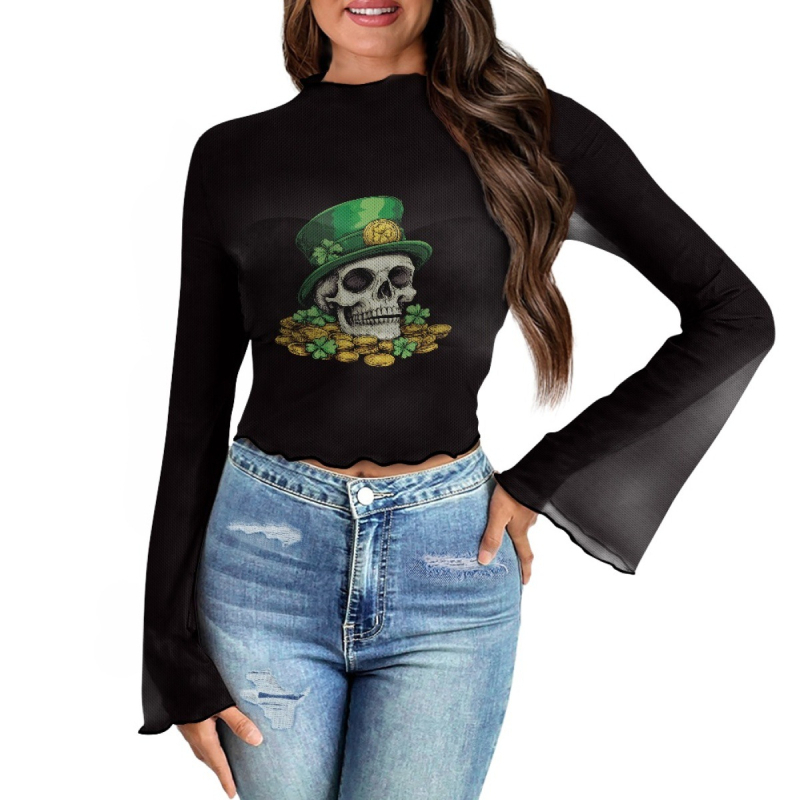 Poliesterski top s otisom lubanje, uskog kroja, dugi rukavi zvonastog kroja