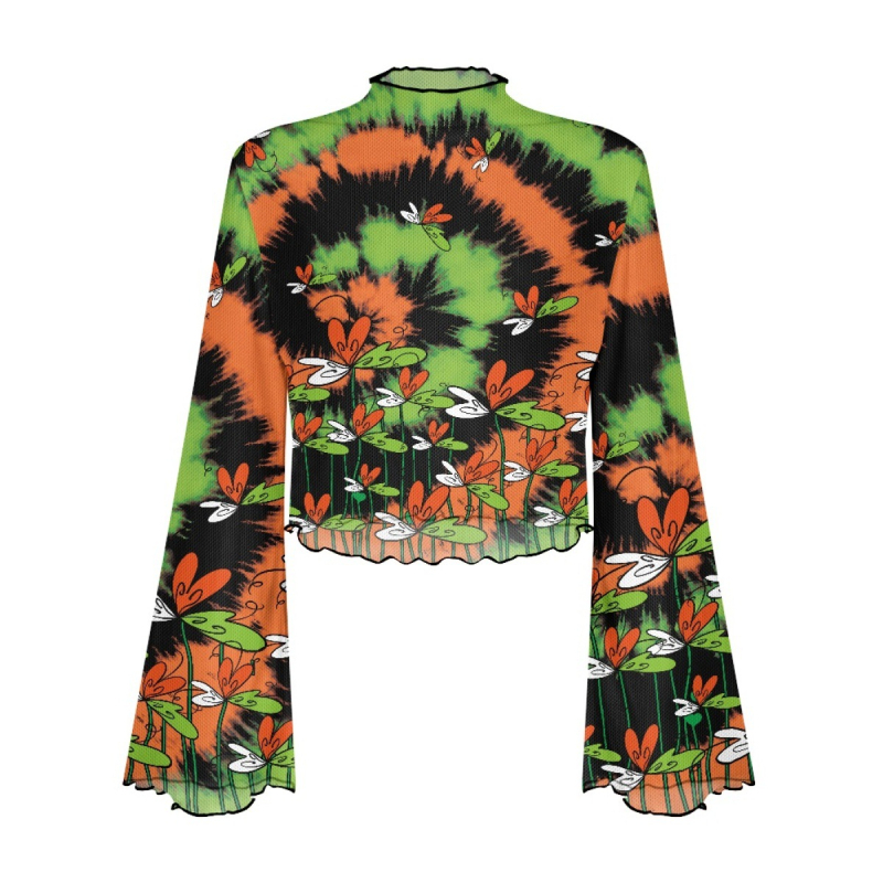 Poliesterski top s otisom lubanje, uskog kroja, dugi rukavi zvonastog kroja