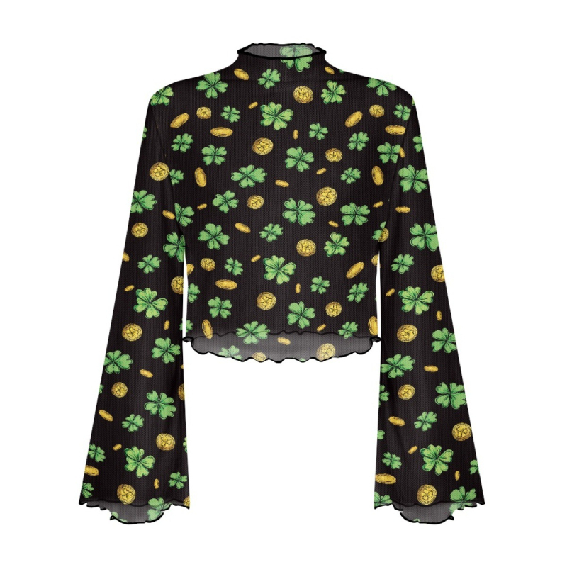 Poliesterski top s otisom lubanje, uskog kroja, dugi rukavi zvonastog kroja