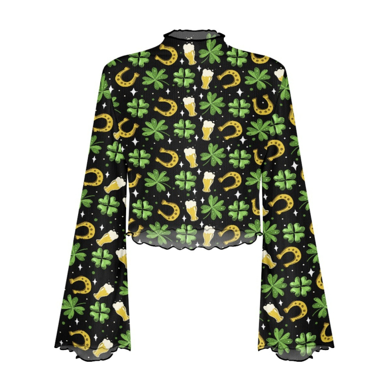 Poliesterski top s otisom lubanje, uskog kroja, dugi rukavi zvonastog kroja