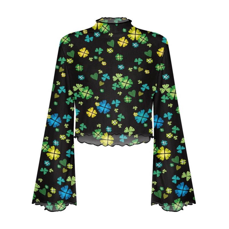 Poliesterski top s otisom lubanje, uskog kroja, dugi rukavi zvonastog kroja