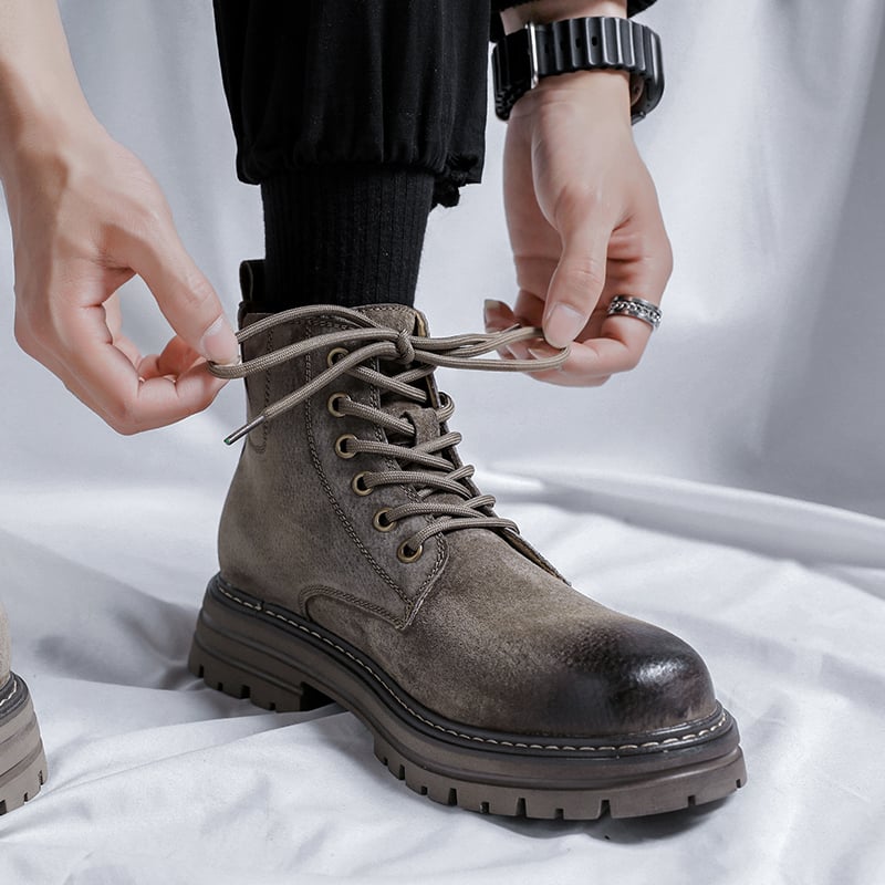 Botine Martin pentru bărbați, din piele PU artificială, talpă din cauciuc, vârf rotund, guler mediu, toc wedge mic (1–3 cm)