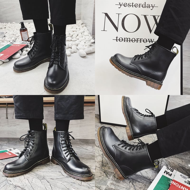 Botine Martin pentru bărbați, din piele PU artificială, talpă din cauciuc, vârf rotund, guler mediu, toc wedge mic (1–3 cm)