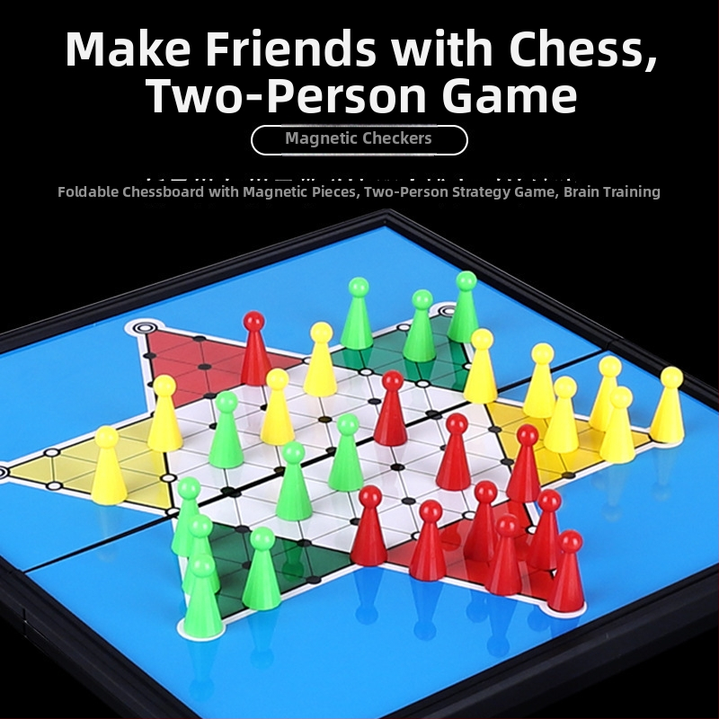 Magnetski sklopivi set šaha, dame i Ludo s kutijom za pohranu za djecu 7–14 godina — edukativna društvena igra (plastika)