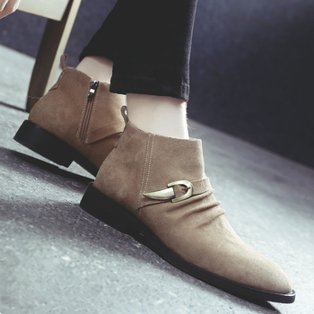 Ghete Martin pentru bărbați, din piele de vițel velur, stil britanic, vârf ascuțit, fermoar lateral, toc mediu 3–5 cm