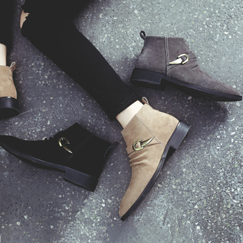 Ghete Martin pentru bărbați, din piele de vițel velur, stil britanic, vârf ascuțit, fermoar lateral, toc mediu 3–5 cm