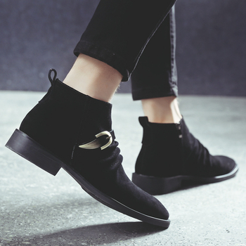 Ghete Martin pentru bărbați, din piele de vițel velur, stil britanic, vârf ascuțit, fermoar lateral, toc mediu 3–5 cm