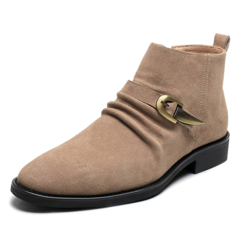 Ghete Martin pentru bărbați, din piele de vițel velur, stil britanic, vârf ascuțit, fermoar lateral, toc mediu 3–5 cm