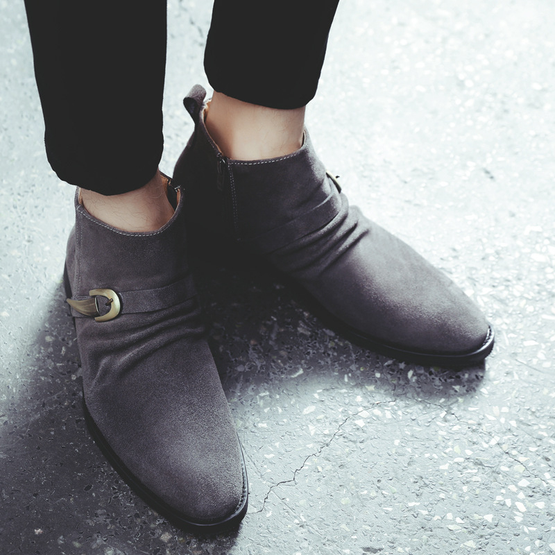 Ghete Martin pentru bărbați, din piele de vițel velur, stil britanic, vârf ascuțit, fermoar lateral, toc mediu 3–5 cm