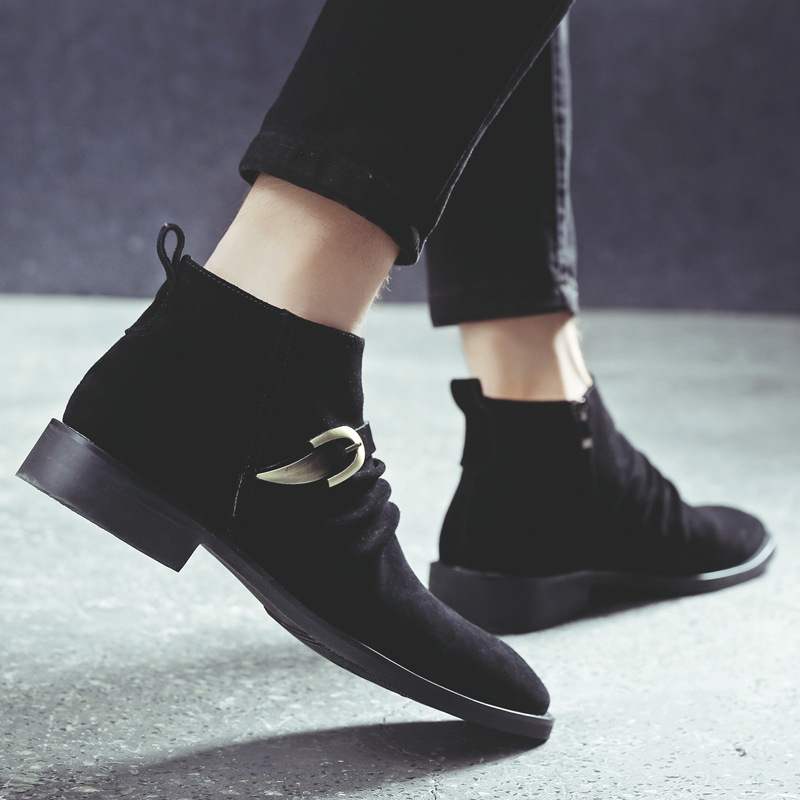 Ghete Martin pentru bărbați, din piele de vițel velur, stil britanic, vârf ascuțit, fermoar lateral, toc mediu 3–5 cm