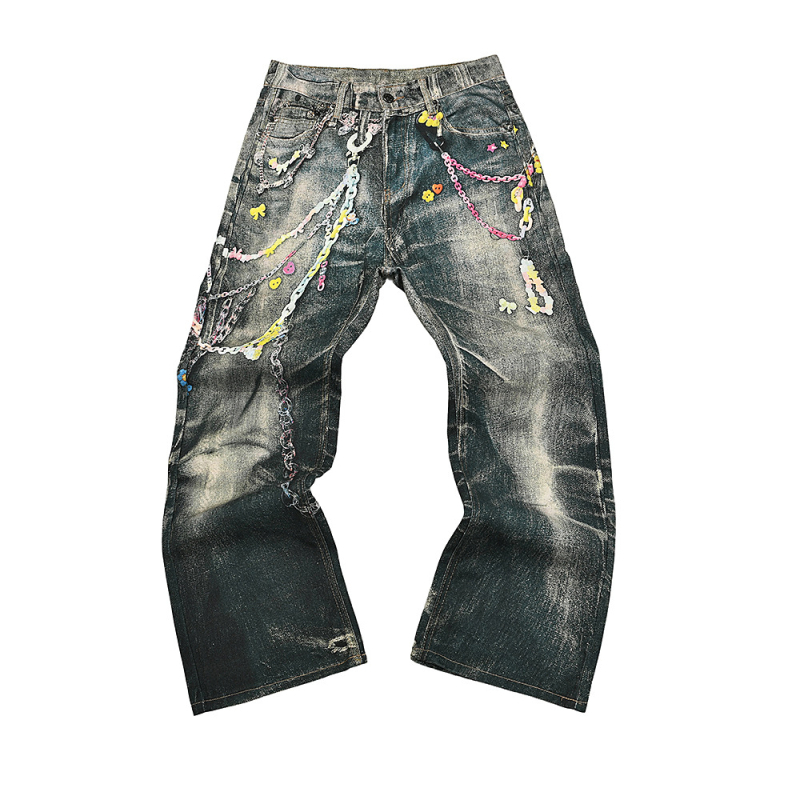 Traperice s grafiti printom Splash Ink, širokog kroja, srednji pojas, zip zatvarač, 90% pamuk, za sve sezone.