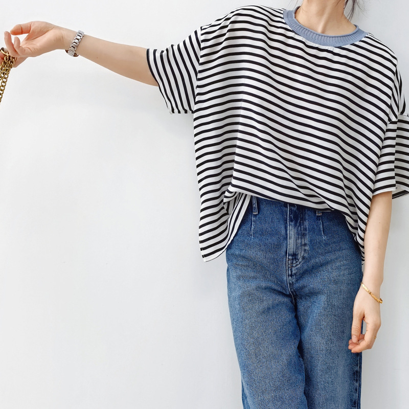 Cămașă din mătase Mulberry, cu dungi, mâneci scurte, guler rotund