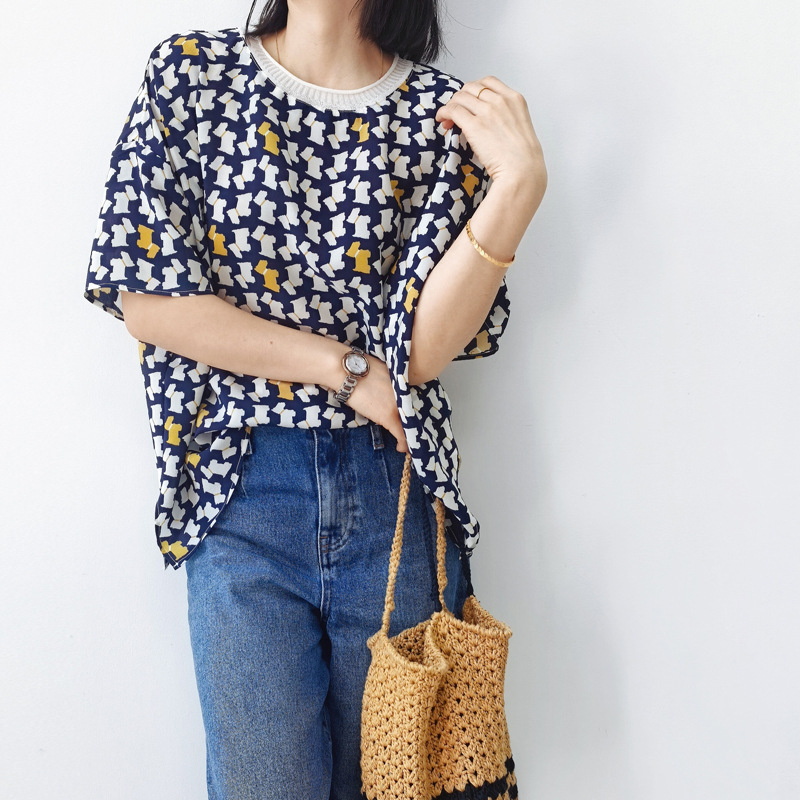 Cămașă din mătase Mulberry, cu dungi, mâneci scurte, guler rotund