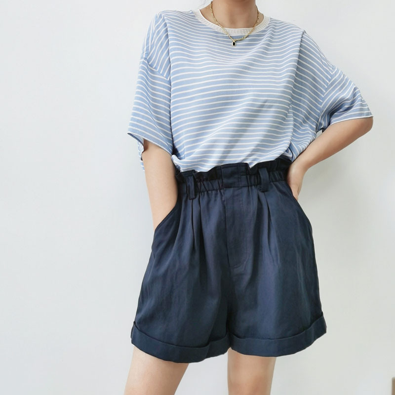 Cămașă din mătase Mulberry, cu dungi, mâneci scurte, guler rotund