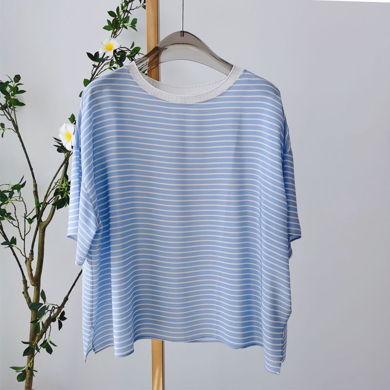 Cămașă din mătase Mulberry, cu dungi, mâneci scurte, guler rotund