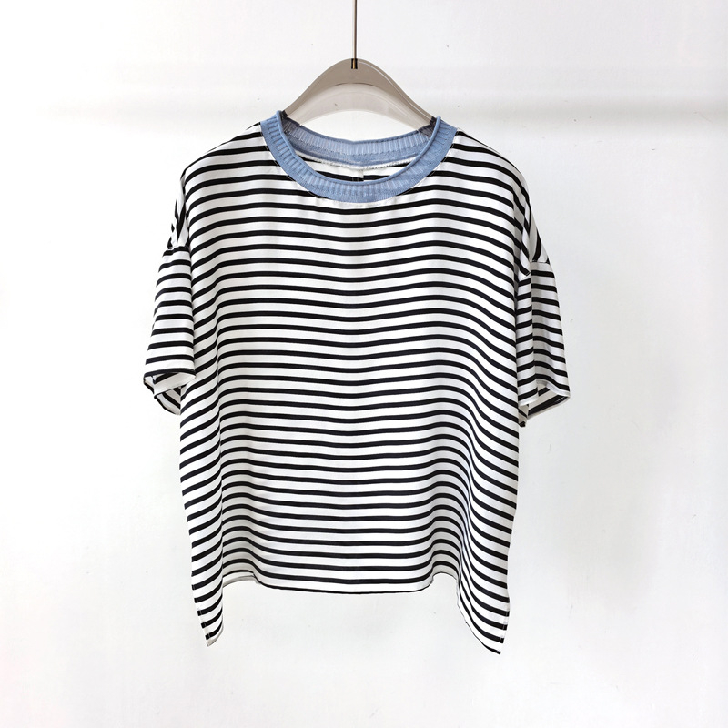 Cămașă din mătase Mulberry, cu dungi, mâneci scurte, guler rotund