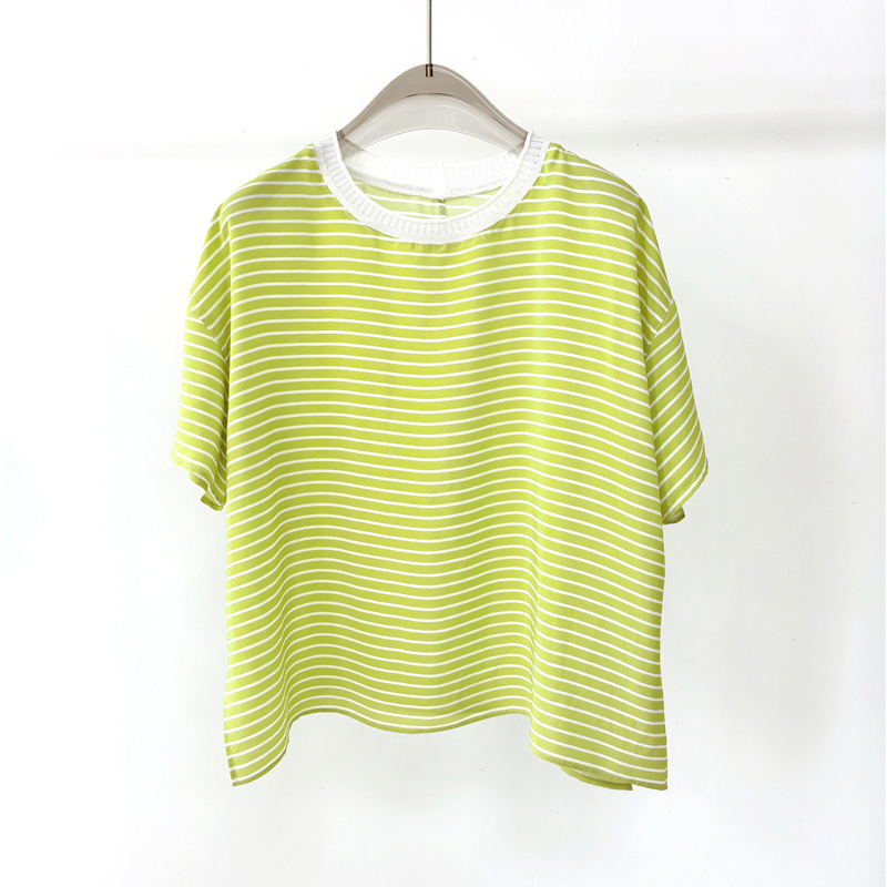 Cămașă din mătase Mulberry, cu dungi, mâneci scurte, guler rotund