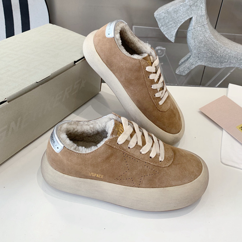 Платформени обувки за ежедневието, плюшена подплата от агнешка вълна, велурен горен слой, гумена подметка, закопчаване с връзки