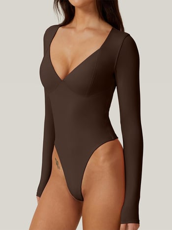 Балетно боди с дълги ръкави, V-образно деколте, едночастово, полиестер с найлон 80%, подплата спандекс 75%