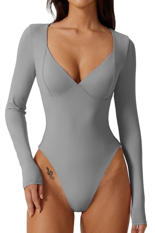 Балетно боди с дълги ръкави, V-образно деколте, едночастово, полиестер с найлон 80%, подплата спандекс 75%