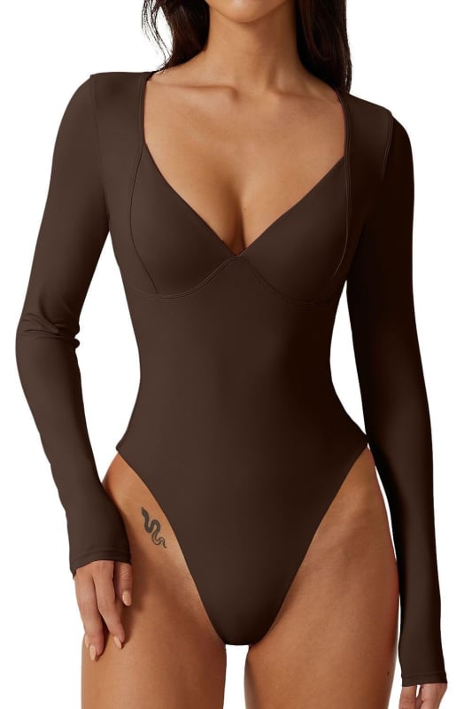 Балетно боди с дълги ръкави, V-образно деколте, едночастово, полиестер с найлон 80%, подплата спандекс 75%