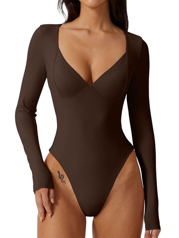 Балетно боди с дълги ръкави, V-образно деколте, едночастово, полиестер с найлон 80%, подплата спандекс 75%
