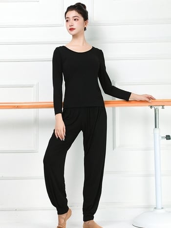 Женски комплект за модерен танц за практику (горнище и панталон) – модален плат, подплата модал, подходящ за всички сезони, сценични костюми за различни танцови стилове.