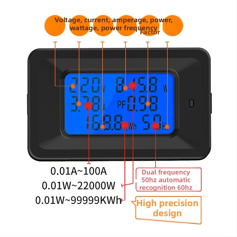 AC digitálny merací prístroj pre monitorovanie výkonu s LCD displejom, domáci viacfunkčný elektromer – voltmeter, ampérmeter, energia, frekvencia a koeficient výkonu, model P06s-20A/100A