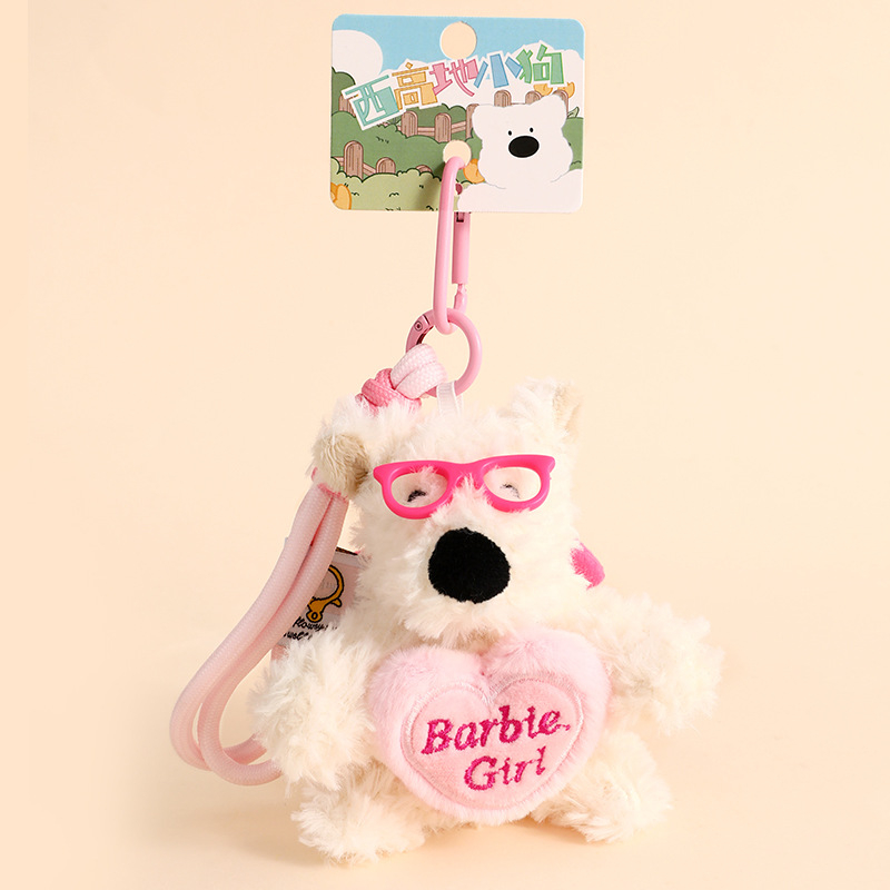 Rajzolt plüss kulcstartó West Highland White Terrierrel, iskolatáska-függőmedál