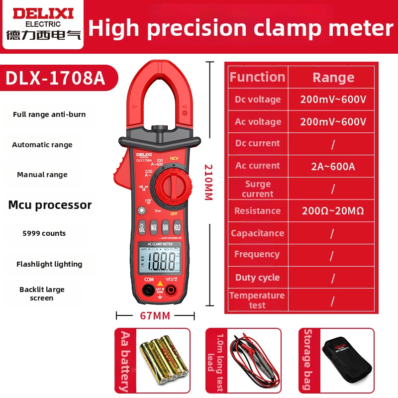 Delixi 1708A clamp meter – Plne automatické meranie napätia AC/DC