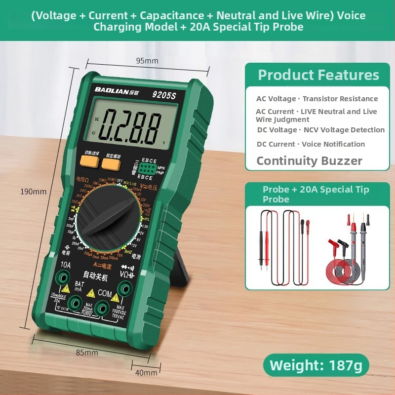 Baolian Мултиметър с висока прецизност, цифров дисплей, безконтактно измерване, защита от изгаряне, многофункционален инструмент за електротехници