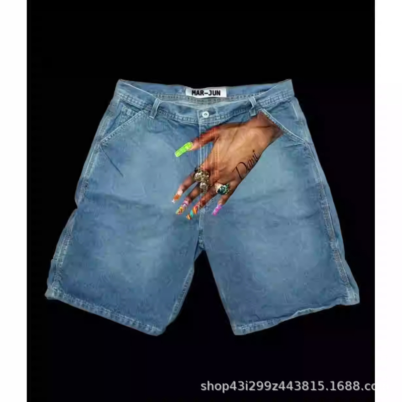 Traper kratke hlače s ručno crtanim printom, hip-hop stil, ravni kroj, zatvarač, pamukasti denim