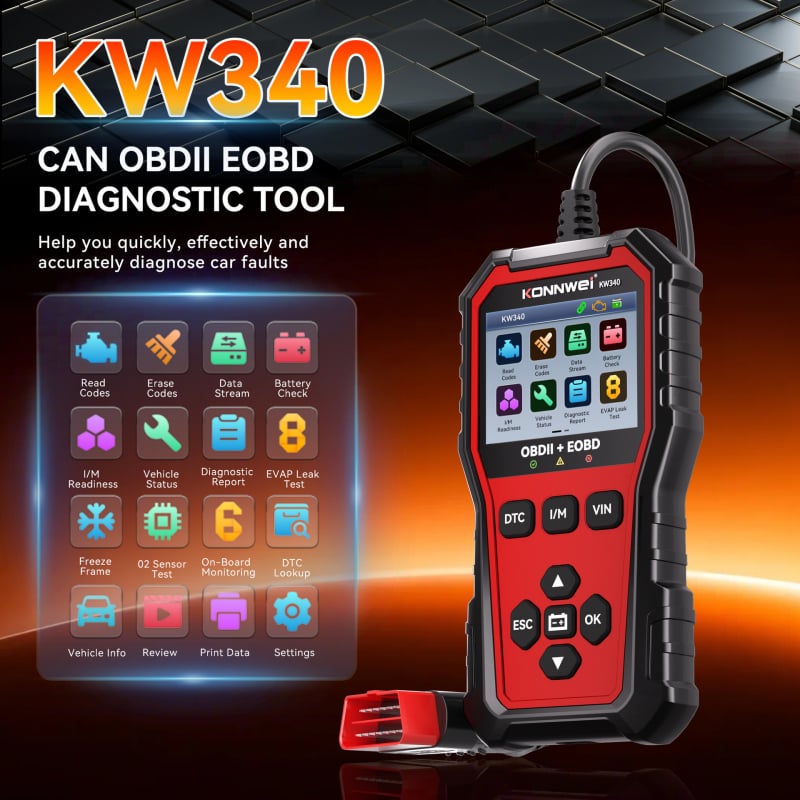 Konnwei KW340 OBD2 automobilен диагностичен скенер за двигател, -20°C до 60°C, различни модели автомобили, CE RoHS FCC сертифициран, персонализация налична