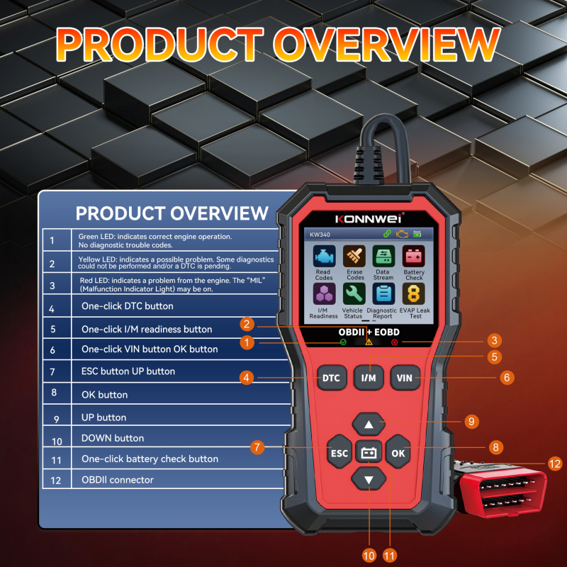 Konnwei KW340 OBD2 automobilен диагностичен скенер за двигател, -20°C до 60°C, различни модели автомобили, CE RoHS FCC сертифициран, персонализация налична