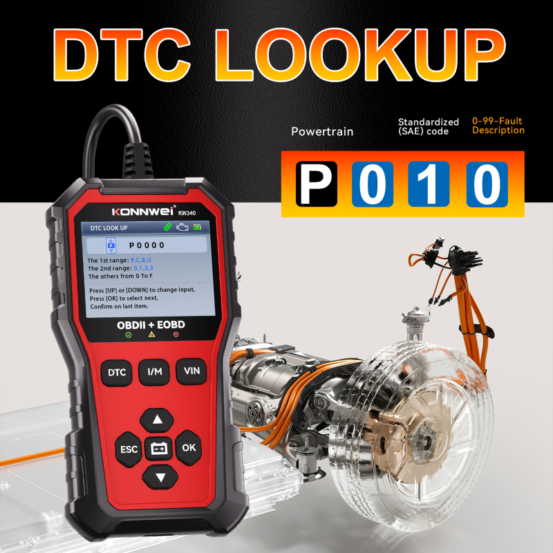 Konnwei KW340 OBD2 automobilен диагностичен скенер за двигател, -20°C до 60°C, различни модели автомобили, CE RoHS FCC сертифициран, персонализация налична