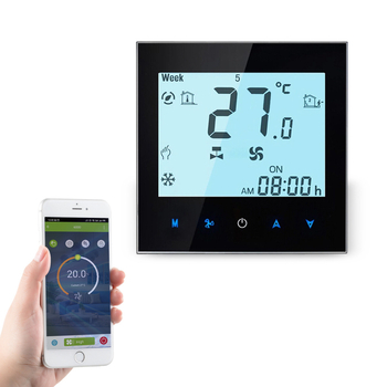 Belső központi légkondicionáló hőmérsékletszabályzó panel digitális kijelzővel; többprotokolos kapcsolódás: WiFi, Modbus, Zigbee, Z-Wave, 485 és LoRaWAN; 95–240 VAC; 86-os beépítő keret.