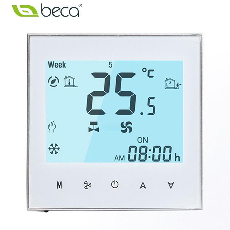 Belső központi légkondicionáló hőmérsékletszabályzó panel digitális kijelzővel; többprotokolos kapcsolódás: WiFi, Modbus, Zigbee, Z-Wave, 485 és LoRaWAN; 95–240 VAC; 86-os beépítő keret.