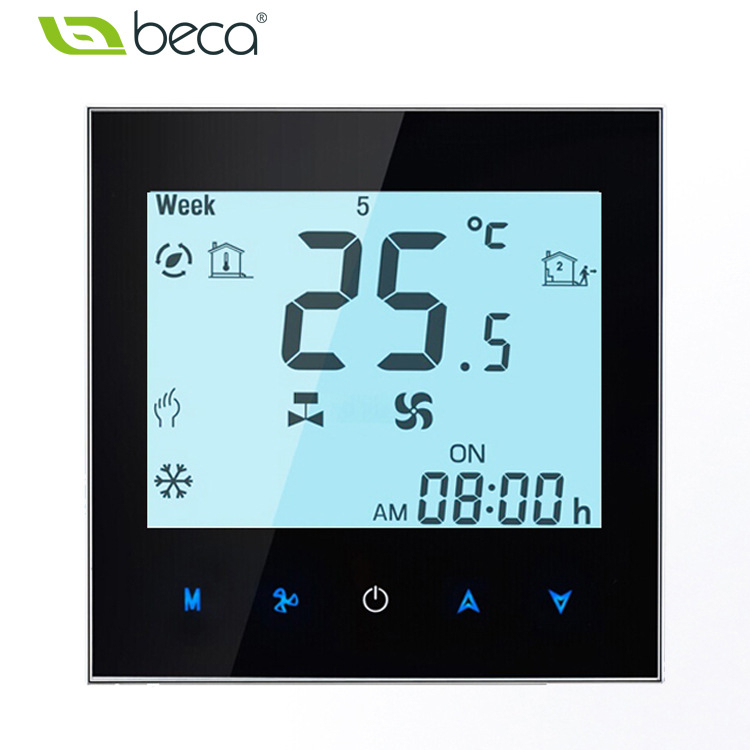 Belső központi légkondicionáló hőmérsékletszabályzó panel digitális kijelzővel; többprotokolos kapcsolódás: WiFi, Modbus, Zigbee, Z-Wave, 485 és LoRaWAN; 95–240 VAC; 86-os beépítő keret.