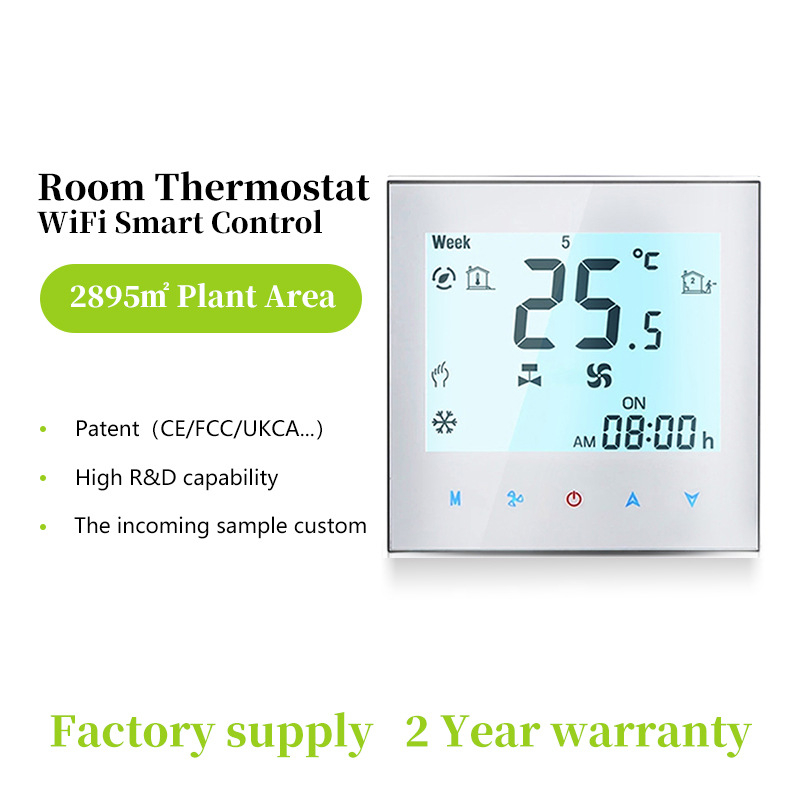 Belső központi légkondicionáló hőmérsékletszabályzó panel digitális kijelzővel; többprotokolos kapcsolódás: WiFi, Modbus, Zigbee, Z-Wave, 485 és LoRaWAN; 95–240 VAC; 86-os beépítő keret.
