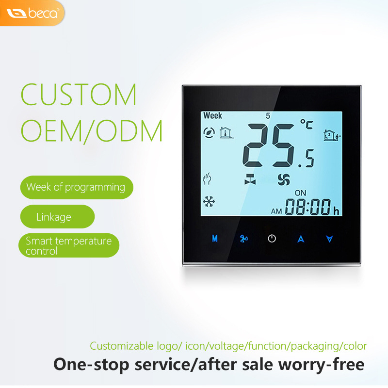 Belső központi légkondicionáló hőmérsékletszabályzó panel digitális kijelzővel; többprotokolos kapcsolódás: WiFi, Modbus, Zigbee, Z-Wave, 485 és LoRaWAN; 95–240 VAC; 86-os beépítő keret.