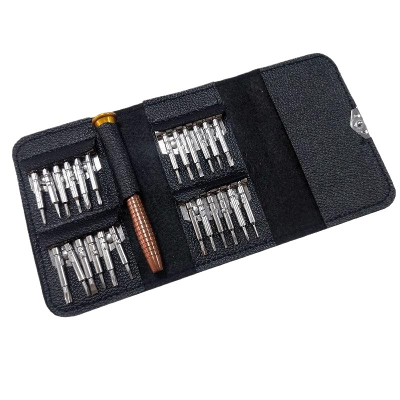 Set șurubelnițe în husă de piele, 25 în 1, pentru demontarea telefoanelor, ceasurilor și calculatoarelor