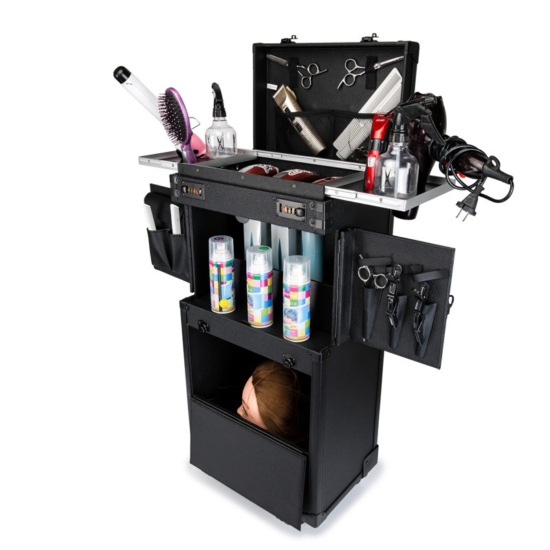 Fodrászati gurulós eszköztartó doboz – keret: alumíniumötvözet és bőr, retro stílus, fodrász szalon doboz, nagy teherbírás