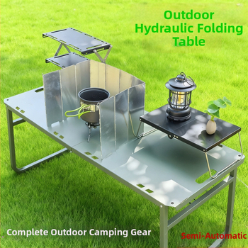 Vonkajší hydraulický skladací kempingový stôl so štítom proti vetru a podperou na varič, prenosný; materiály: hliníková zliatina, železo, uhlíková oceľ