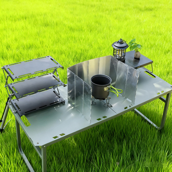 Kültéri hidraulikus összecsukható kempingasztal szélvédővel és tűzhely-támasszal, hordozható; anyagok: alumíniumötvözet, vas, szénacél