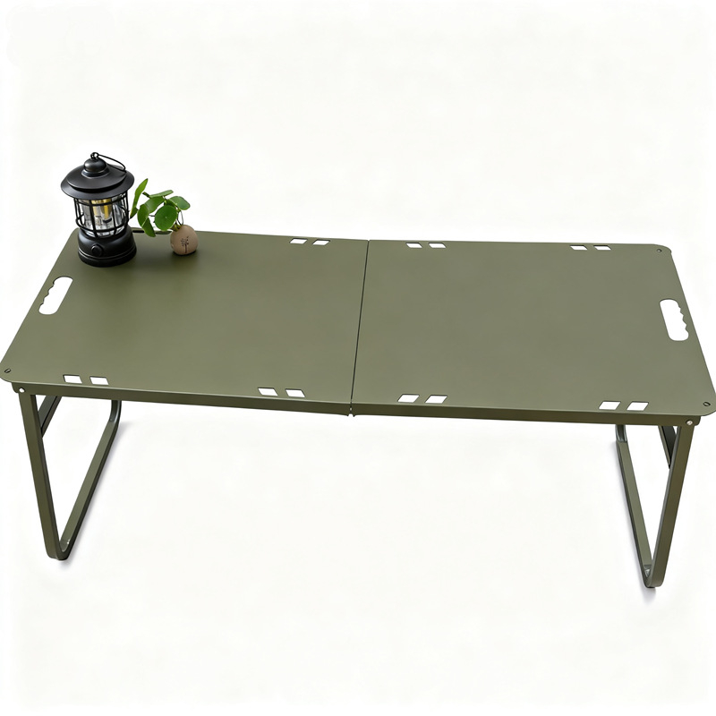 Kültéri hidraulikus összecsukható kempingasztal szélvédővel és tűzhely-támasszal, hordozható; anyagok: alumíniumötvözet, vas, szénacél